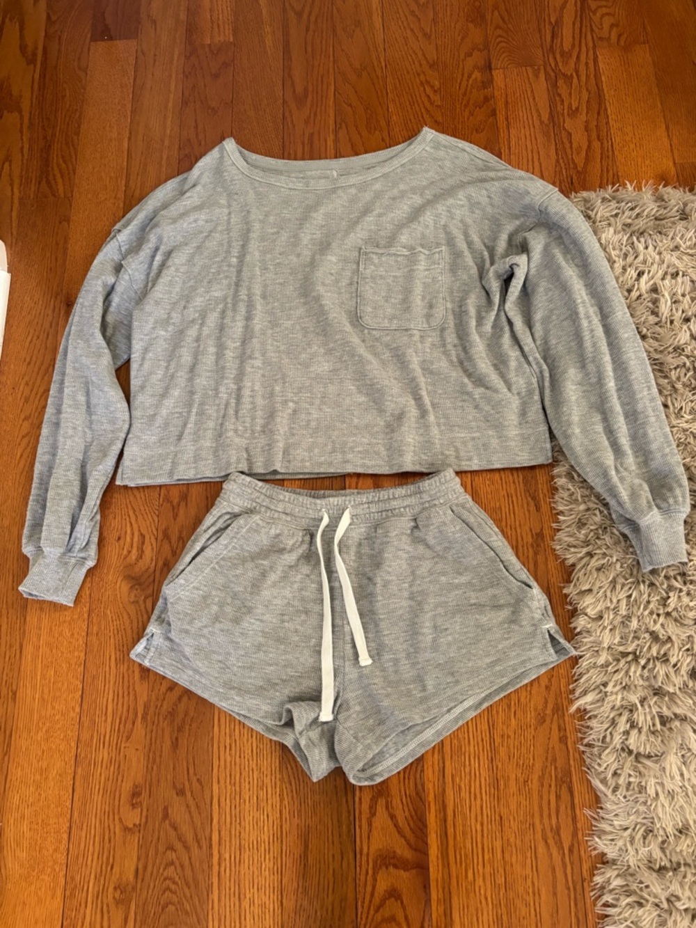 Aerie Light Gray Ribbed Lounge Set - Cropped Top & Drawstring Shorts